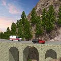 Stone Arch Bridge Road With Ambulance Truck And Green Trees On Mountain Scenic Sunset