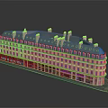 Classical European Style Multi story Building With Blue Roof Orange Chimneys And Curved Design