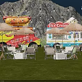 Garden Landscape With Food Trucks Green Grass Outdoor Seating String Lights Mountain Backdrop In Evening