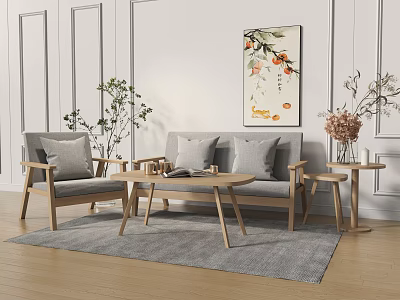 Modern Sofa Coffee Table Set With Gray Cushions Wooden Frame Side Table And Gray Rug 3d model