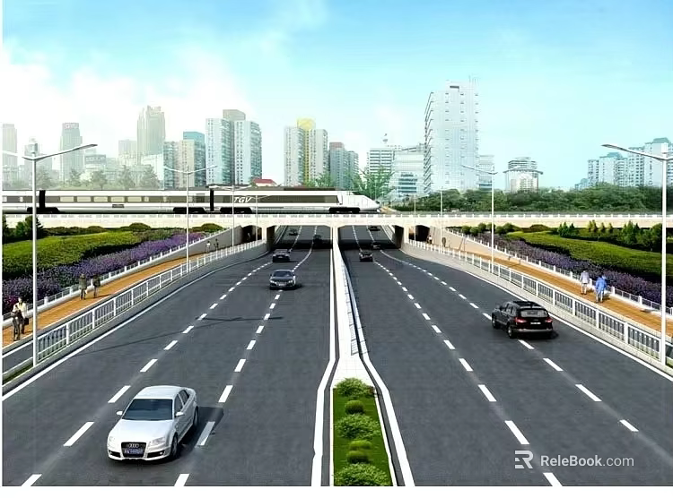 Urban Road Infrastructure With Bidirectional Lanes Overpass Green Belts Street Lamps And City Skyline 3d model 