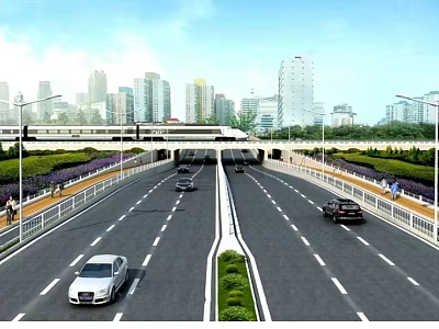 Urban Road Infrastructure With Bidirectional Lanes Overpass Green Belts Street Lamps And City Skyline 3d model
