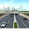Urban Road Infrastructure With Bidirectional Lanes Overpass Green Belts Street Lamps And City Skyline