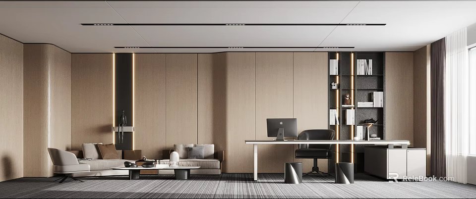 Modern Office Interior Design With Comfortable Sofa Desk Computer And Wooden Bookshelf 3d model
