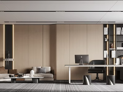 Modern Office Interior Design With Comfortable Sofa Desk Computer And Wooden Bookshelf 3d model