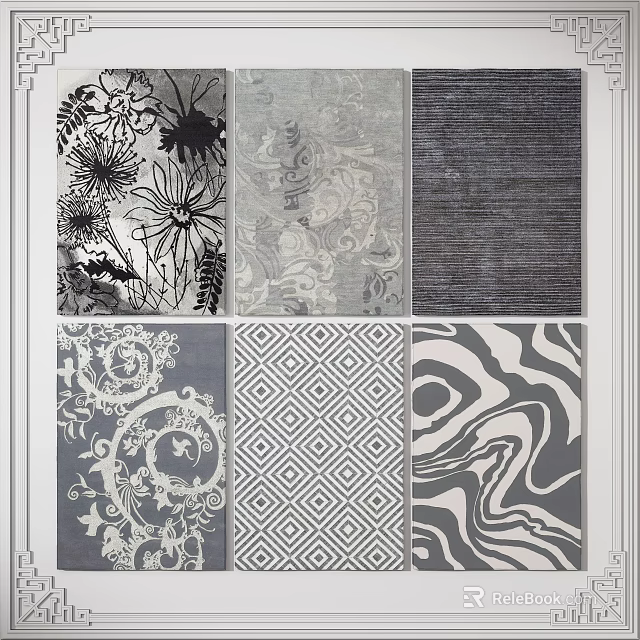 Square Rugs With Various Patterns Including Floral Geometric And Textured Designs 3d model