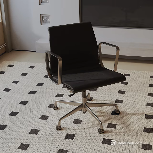 Stylish Black Leisure Chair With Metal Armrests And Wheels On Black And White Square Carpet 3d model 