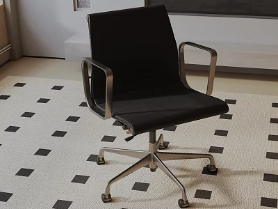 Stylish Black Leisure Chair With Metal Armrests And Wheels On Black And White Square Carpet 3d model