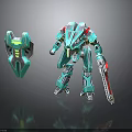 Detailed Green Mechanical Robot Model With Shield And Sword Accessory