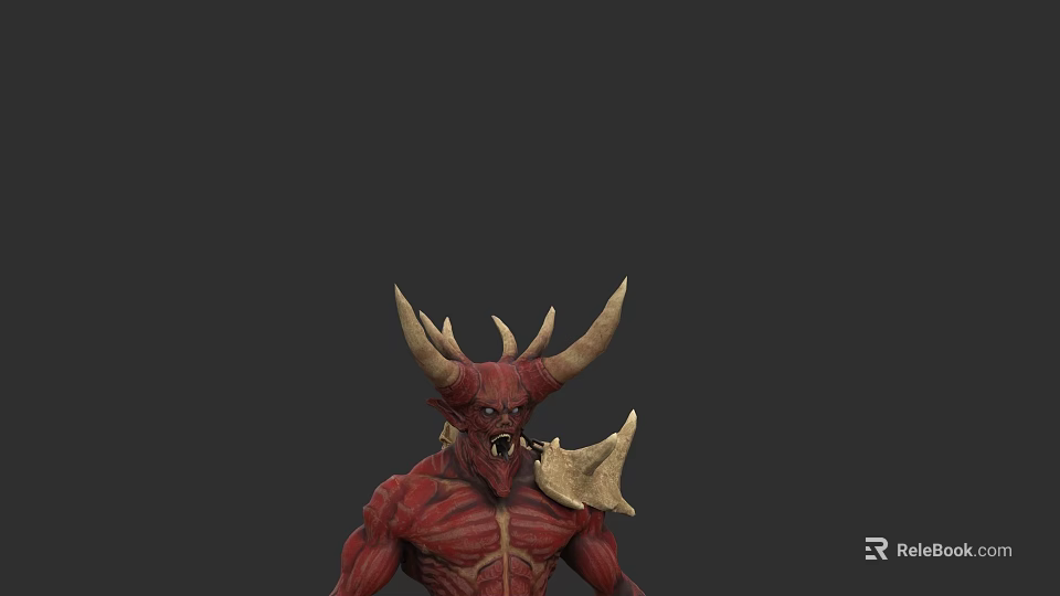 Fierce Red Skinned Game Movie Character With Large Horns And Muscular Build 3d model 