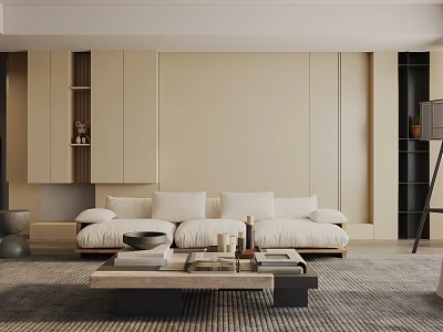 Modern Living Room Interior With Beige Walls Sofa White Cushions Gray Rug And Wooden Coffee Table 3d model