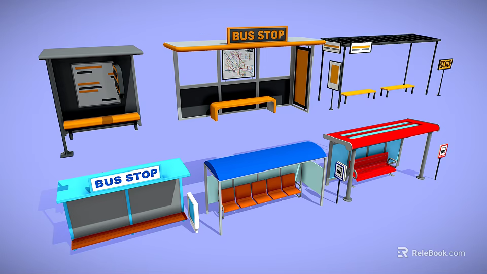 Various Bus Stop Designs With Seating Maps Different Colors And Shelters 3d model 