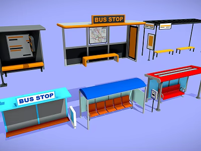 Various Bus Stop Designs With Seating Maps Different Colors And Shelters 3d model