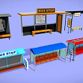 Various Bus Stop Designs With Seating Maps Different Colors And Shelters 3d model