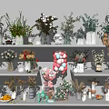 Elegant Multiple Interior Shelves With Various Vases Flowers Greenery And Pink Balloons