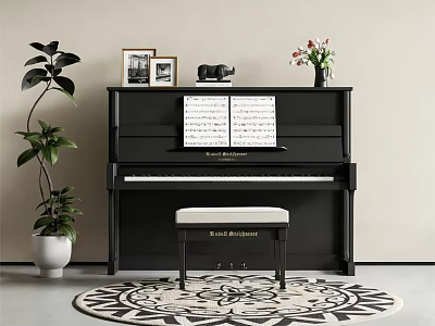 Elegant Black Piano With Sheet Music Photo Frames Radio And Decorative Plants 3d model