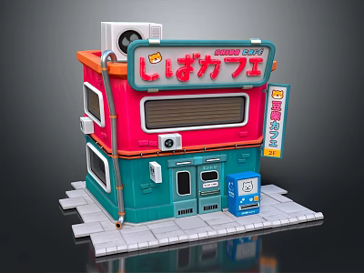 Cartoon Style Two Story Japanese Café Building With Vibrant Red Teal Walls Signboard And Vending Machine 3d model