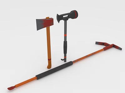 Practical Hardware Tools Set Featuring Wooden Handle Axe Black Red Hammer And Orange Black Crowbar 3d model