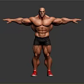 A Muscular Man With Arms Outstretched Wearing Black Shorts And Red Sneakers