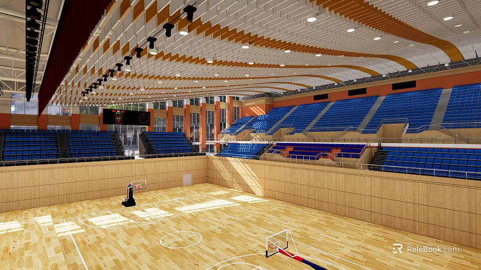 Modern Basketball Gymnasium Interior With Wooden Floor Blue Seats And Lighting 3d model 