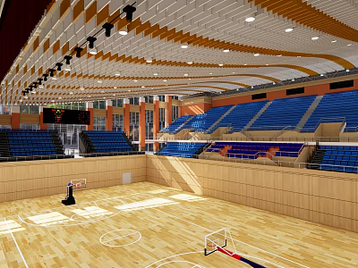 Modern Basketball Gymnasium Interior With Wooden Floor Blue Seats And Lighting 3d model