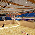 Modern Basketball Gymnasium Interior With Wooden Floor Blue Seats And Lighting