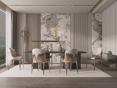 Elegant Modern Restaurant Interior With Marble Wall Dining Table Chairs And Floor to Ceiling Windows 3d model