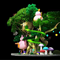 Magical Forest Scene With Big Tree Treehouse Spiral Staircase And Cartoon Characters