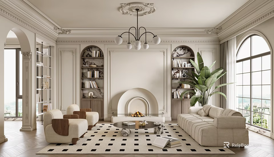 Elegant Living Room Interior With Fireplace Chandelier Bookshelves Sofa And Green Plant 3d model 