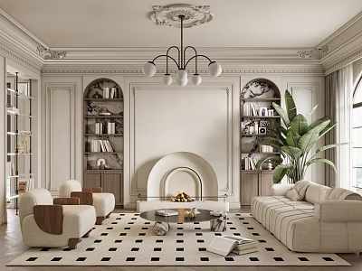Elegant Living Room Interior With Fireplace Chandelier Bookshelves Sofa And Green Plant 3d model