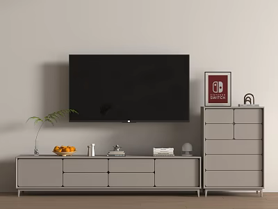 Modern TV Stand with Mounted TV Side Cabinet Green Plant and Decorative Items 3d model