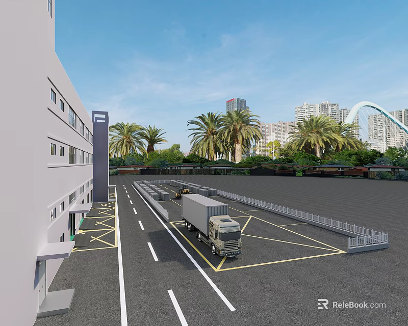 Industrial Factory Building Exterior with Truck in Parking Lot and Palm Trees Near Urban Skyline 3d model 