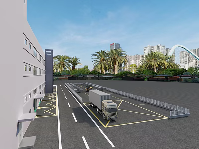 Industrial Factory Building Exterior with Truck in Parking Lot and Palm Trees Near Urban Skyline 3d model