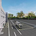 Industrial Factory Building Exterior with Truck in Parking Lot and Palm Trees Near Urban Skyline