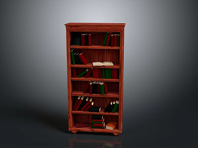 Red Wooden Bookcase With Multiple Shelves Holding Colorful Books And Open Volume 3d model