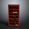 Red Wooden Bookcase With Multiple Shelves Holding Colorful Books And Open Volume