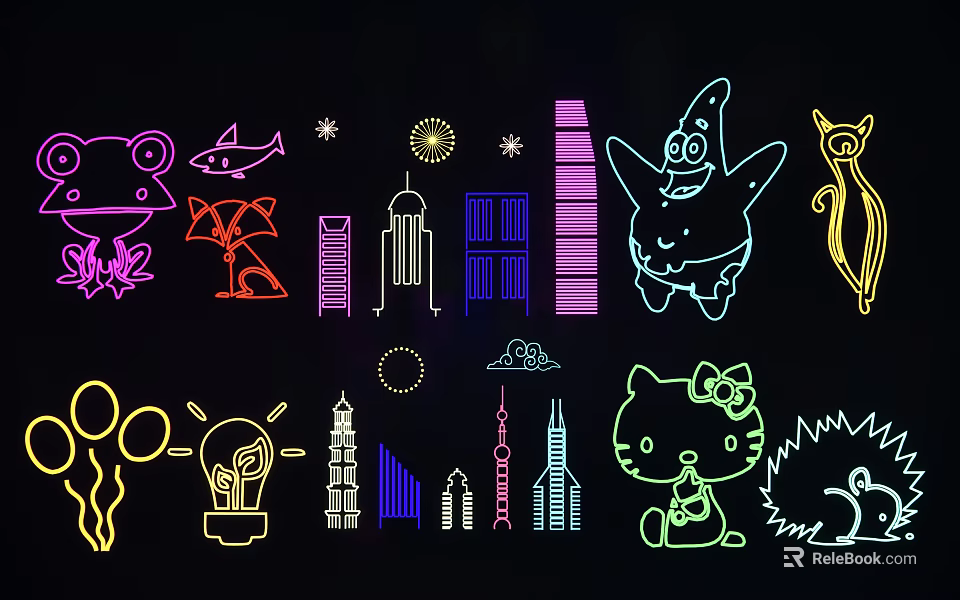 Colorful Neon Style Decorative Lights With Various Animal Building And Cartoon Patterns On Black Background 3d model 