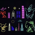 Colorful Neon Style Decorative Lights With Various Animal Building And Cartoon Patterns On Black Background