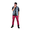 Man Wearing Black Cap Denim Vest And Red Pants On Brown Background