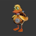Yellow Cartoon Duck Character Standing With Orange Feet And Backpack Headlamp