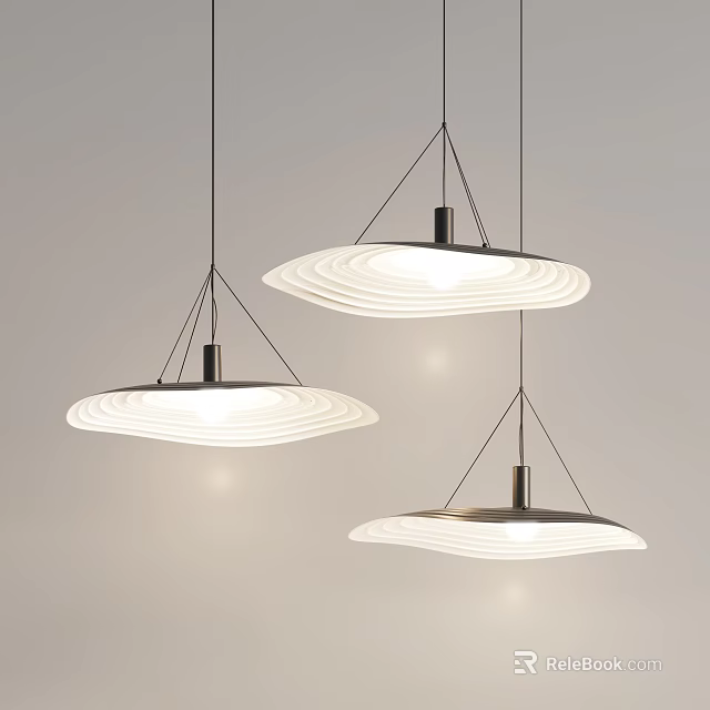 Modern Hanging Pendant Lights With Circular Wavy Shades And Metal Frames Illuminated In Minimalist Space 3d model 