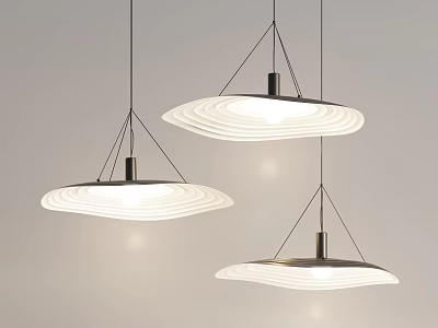 Modern Hanging Pendant Lights With Circular Wavy Shades And Metal Frames Illuminated In Minimalist Space 3d model