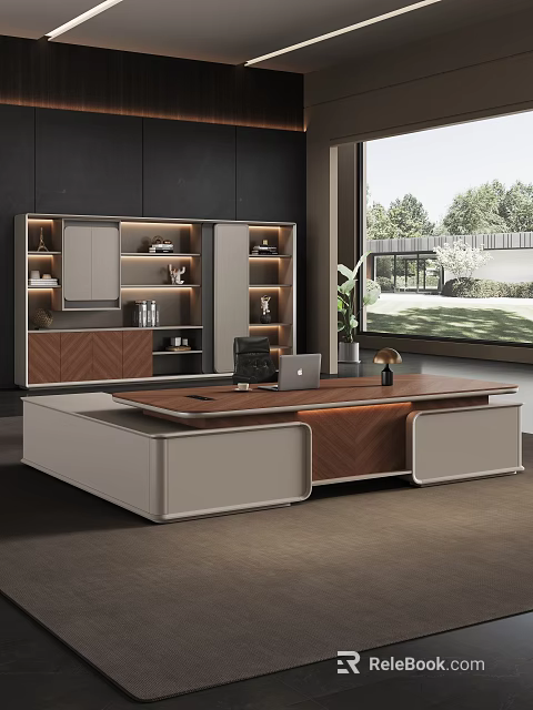Modern Office Desk With Wooden Top White Frame Shelves Table Lamp Laptop And Window View 3d model 