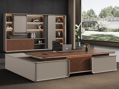 Modern Office Desk With Wooden Top White Frame Shelves Table Lamp Laptop And Window View 3d model