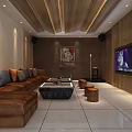 Modern KTV Interior With Brown Leather Sofas Coffee Table TV On Wall And Ceiling Design 3d model