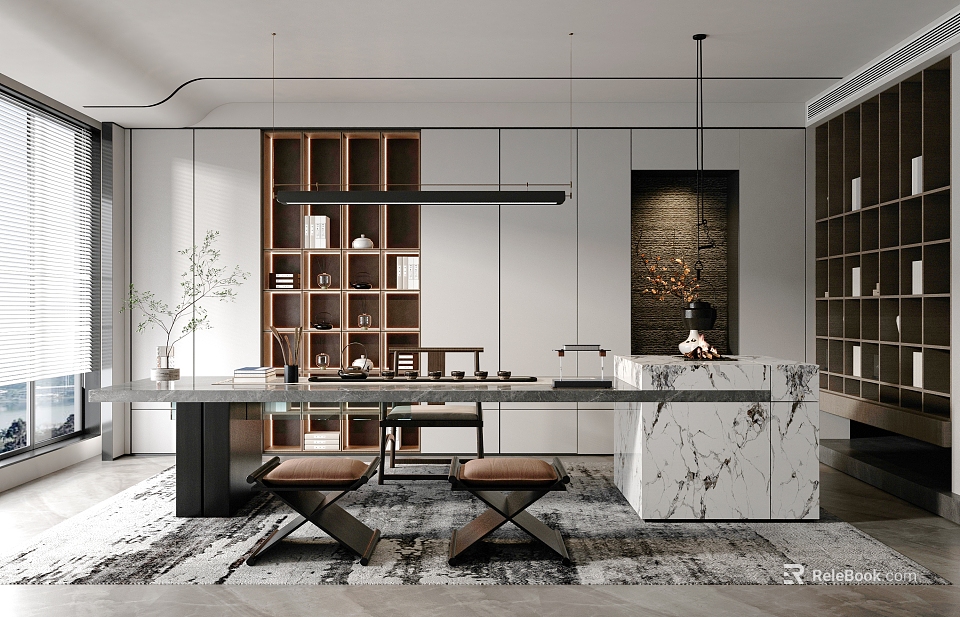 Modern Tea Room Interior With Wooden Shelves Marble Countertop Hanging Lights And Fireplace 3d model 