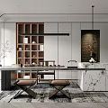 Modern Tea Room Interior With Wooden Shelves Marble Countertop Hanging Lights And Fireplace
