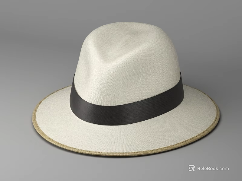 Classic Stylish Ivory Hat With Black Ribbon And Wide Brim Design 3d model 