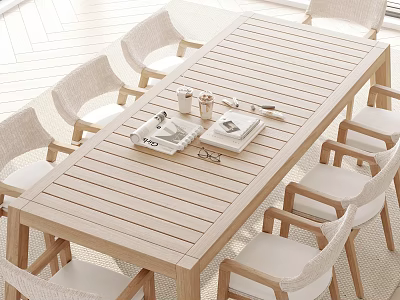 Wooden Outdoor Dining Table with Matching Chairs and Tabletop Accessories for Garden Patio Setting 3d model