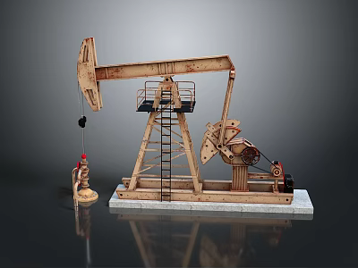 Detailed Wooden Oil Pumpjack Model With Ladder Base And Small Figure 3d model